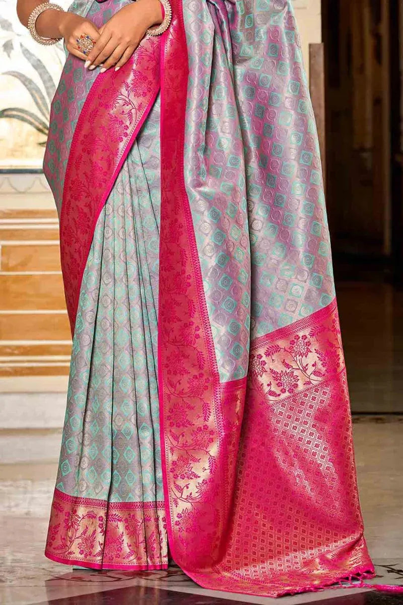 Grey And Pink Banarasi Saree - EZBER