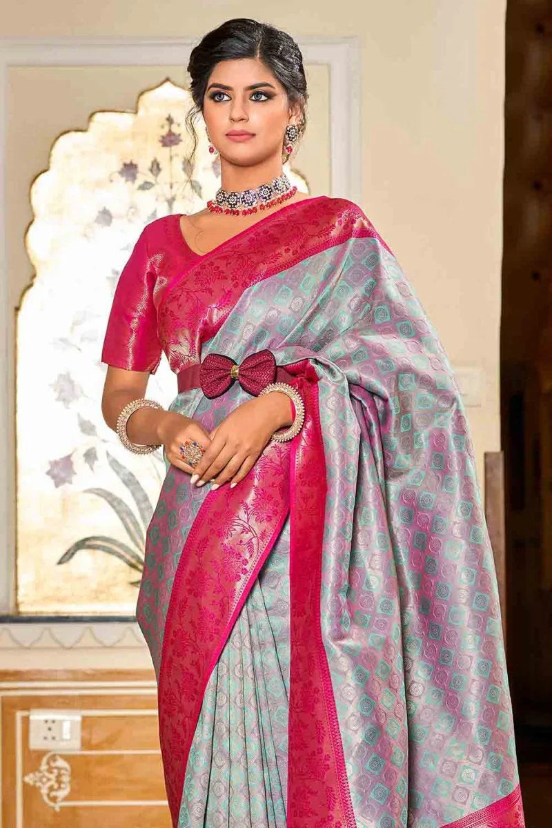 Grey And Pink Banarasi Saree - EZBER