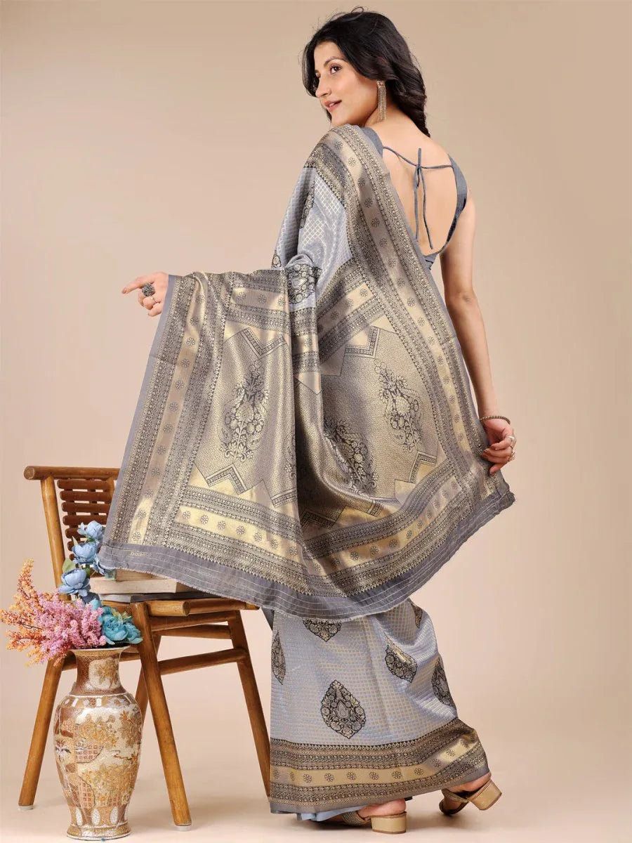 Grey Banarasi Silk Saree With Blouse Piece - EZBER