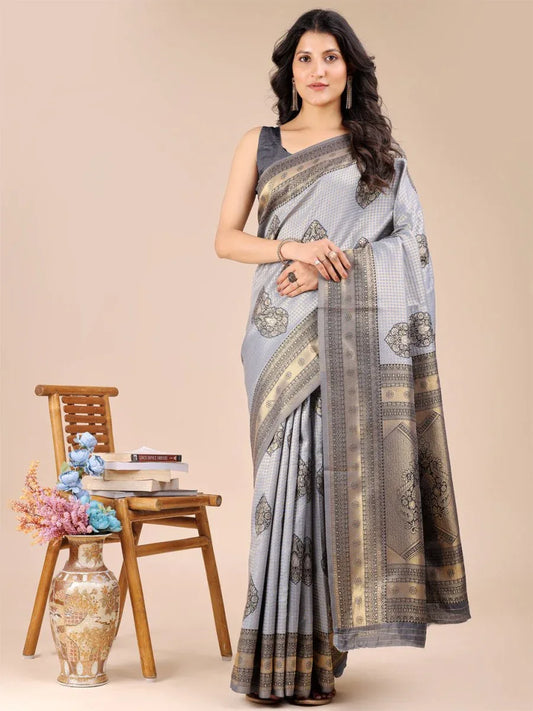 Grey Banarasi Silk Saree With Blouse Piece - EZBER