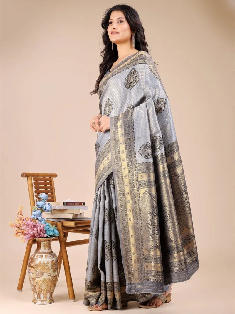 Grey Banarasi Silk Saree With Blouse Piece - EZBER