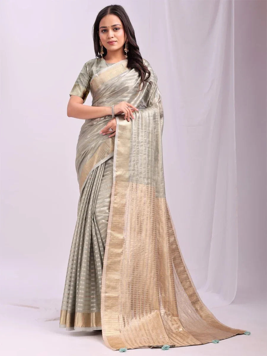 Grey CHICAGO Organza Saree with Blouse Piece - EZBER