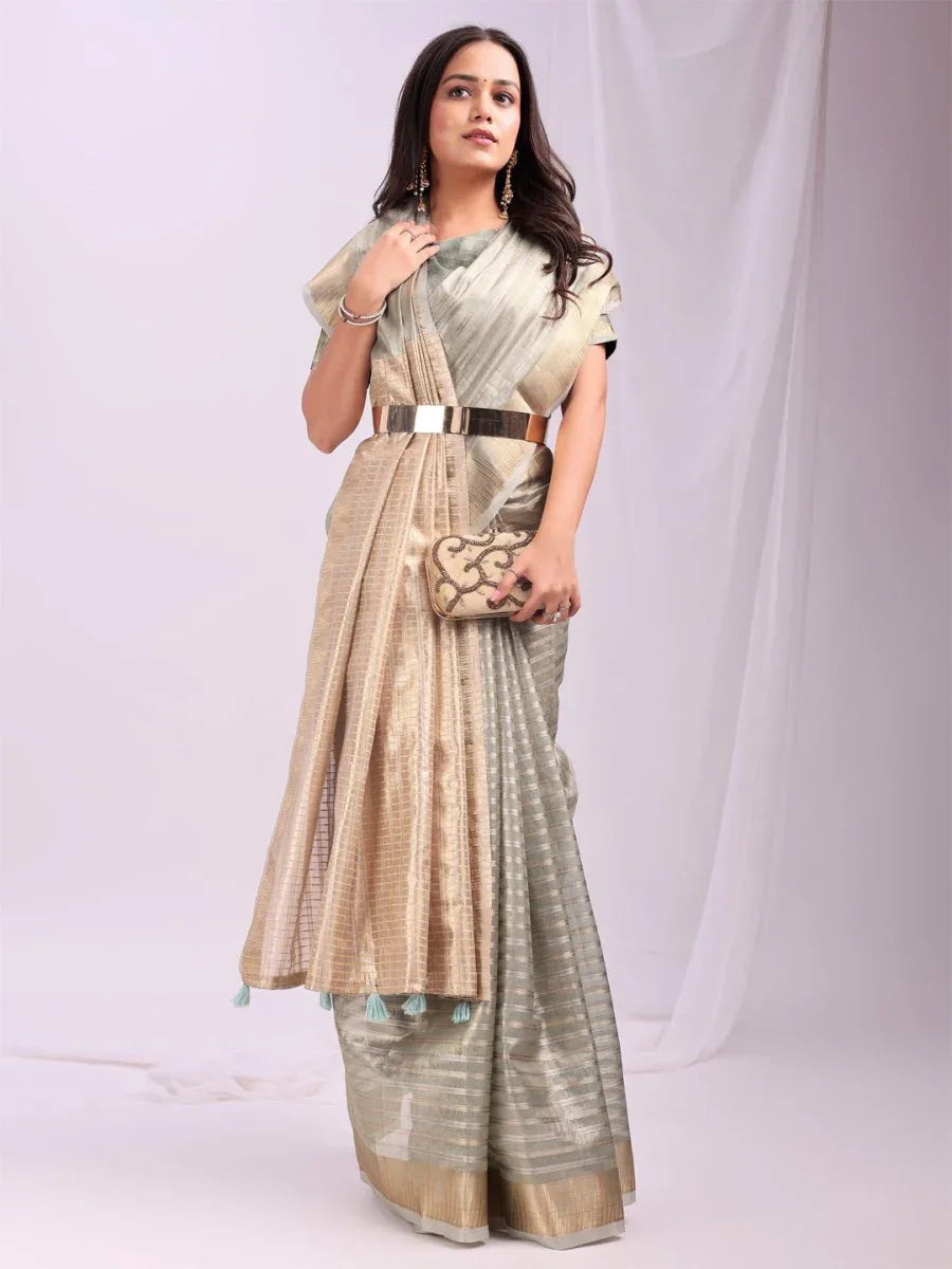 Grey CHICAGO Organza Saree with Blouse Piece - EZBER