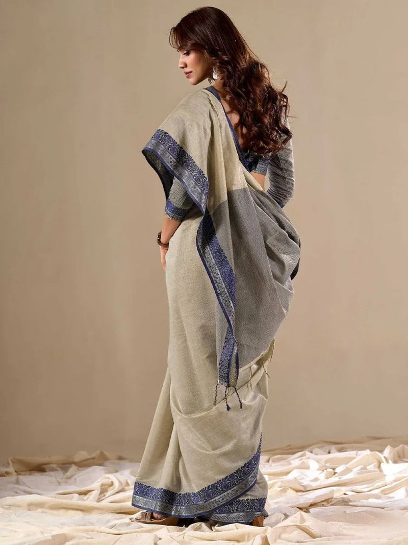 Grey Cotton Festive Wear Saree With Blouse Piece - EZBER