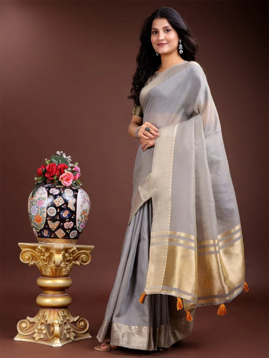Grey Cotton Saree With Blouse Piece - EZBER