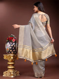 Grey Cotton Saree With Blouse Piece - EZBER