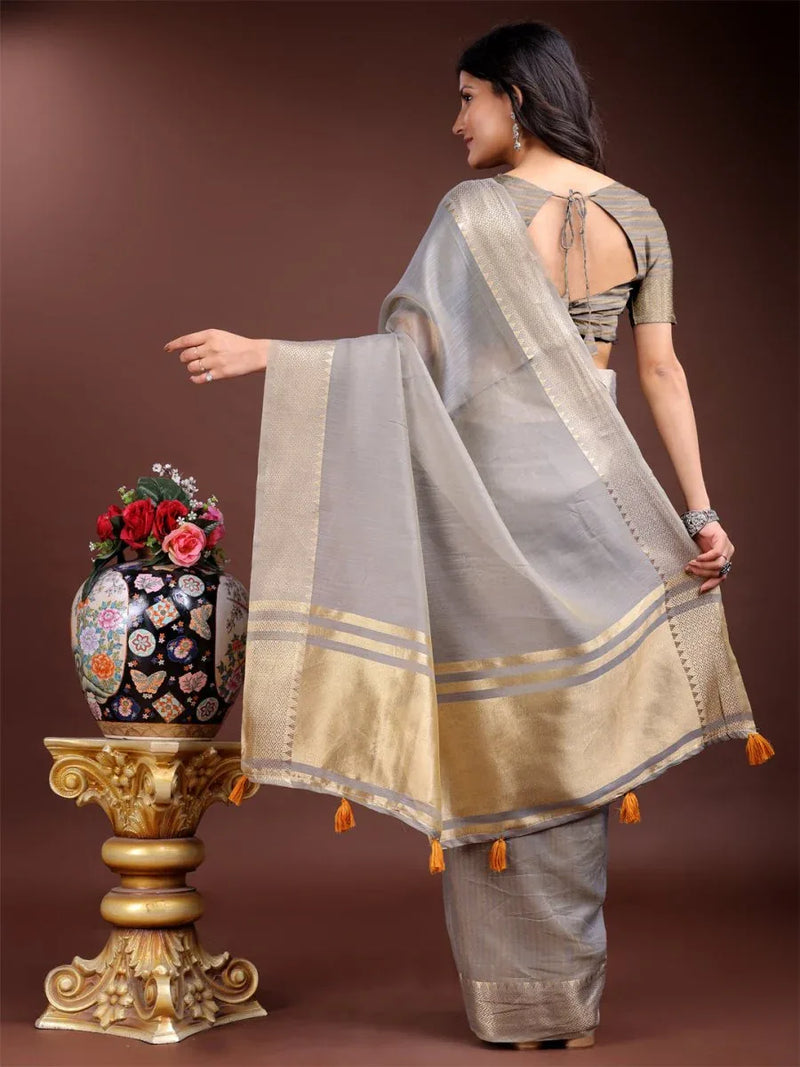 Grey Cotton Saree With Blouse Piece - EZBER