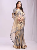 Grey FOSHAN Organza Saree with Blouse Piece - EZBER