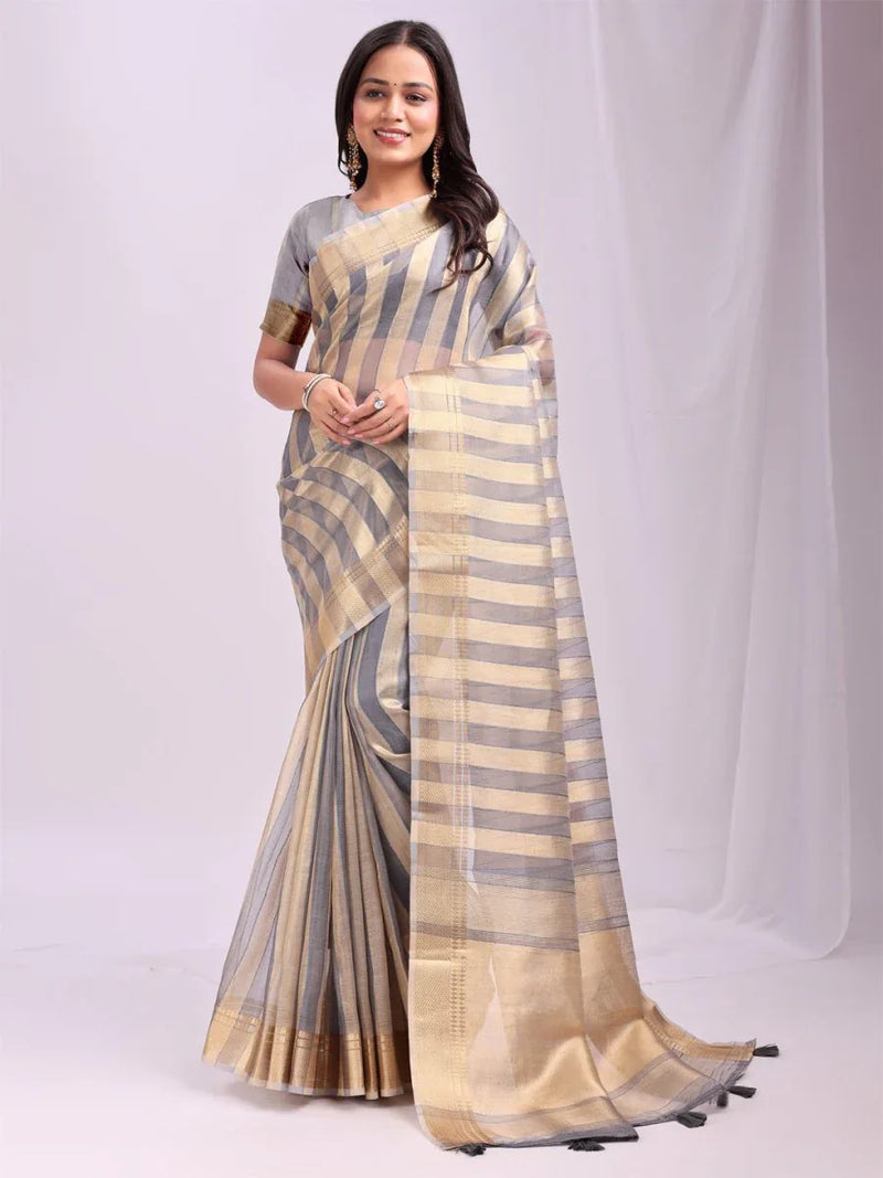 Grey FOSHAN Organza Saree with Blouse Piece - EZBER