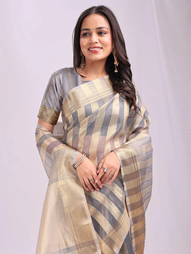 Grey FOSHAN Organza Saree with Blouse Piece - EZBER