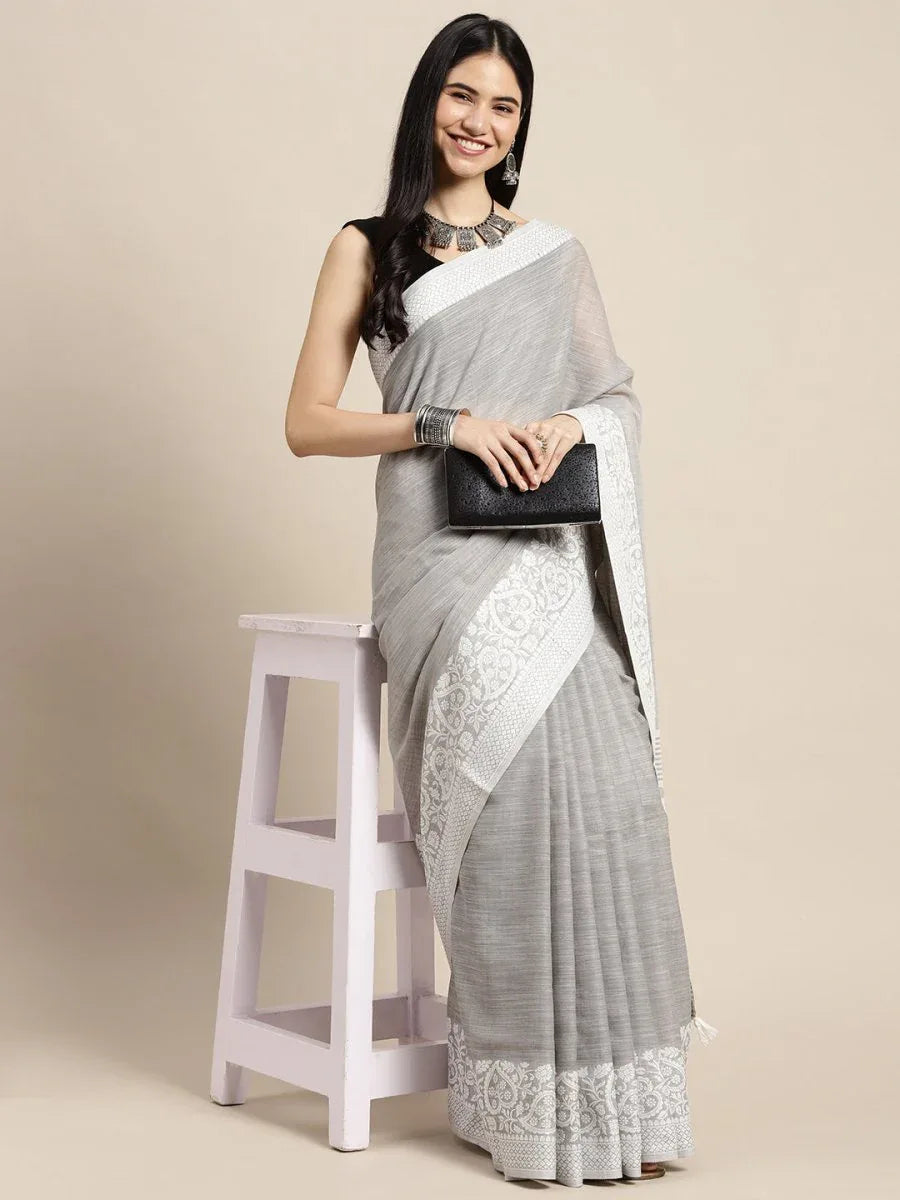 Grey GLORY LINEN Saree with Blouse Piece - EZBER