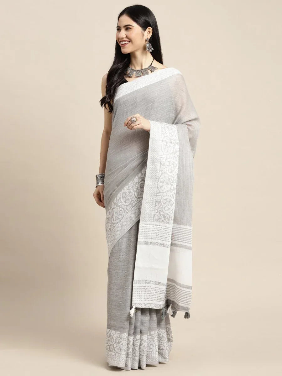 Grey GLORY LINEN Saree with Blouse Piece - EZBER