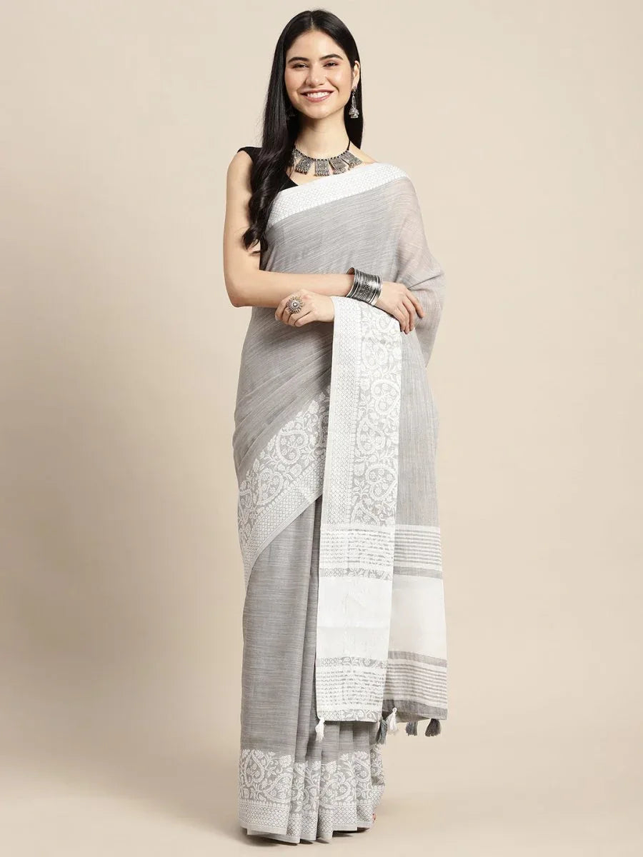 Grey GLORY LINEN Saree with Blouse Piece - EZBER