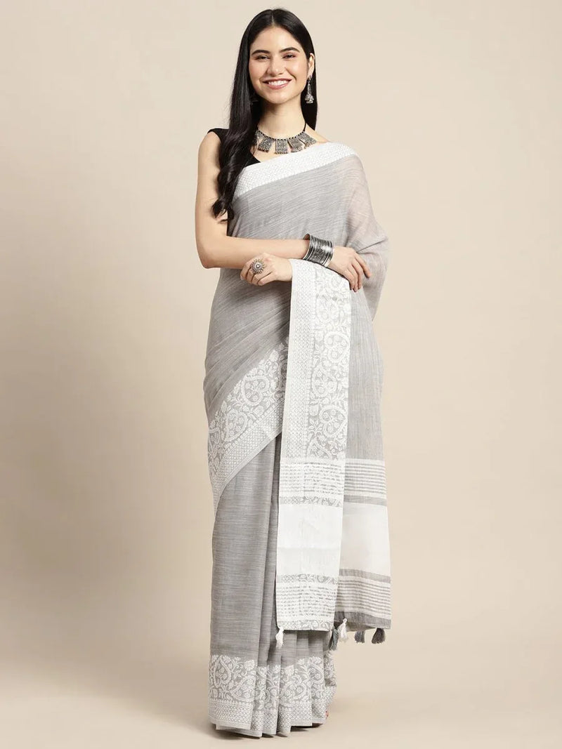 Grey GLORY LINEN Saree with Blouse Piece - EZBER