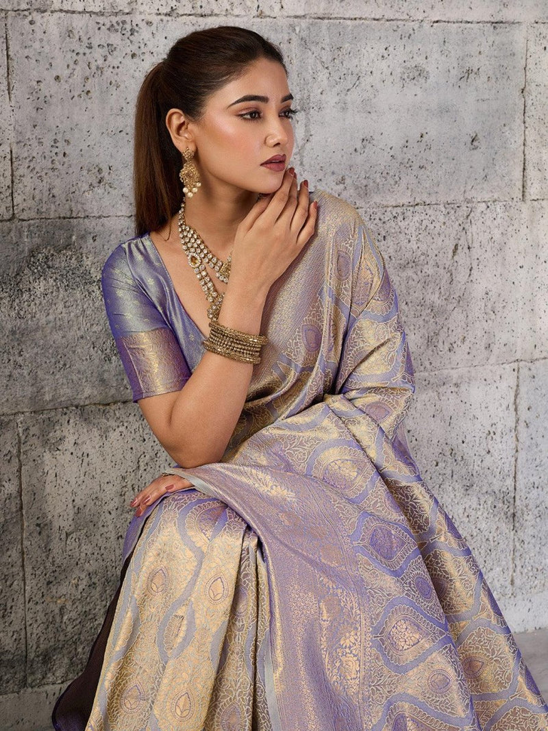 Grey Kanjivaram Silk Blend Brocade Saree | EZB SI04 SUPRS1005 - EZBER