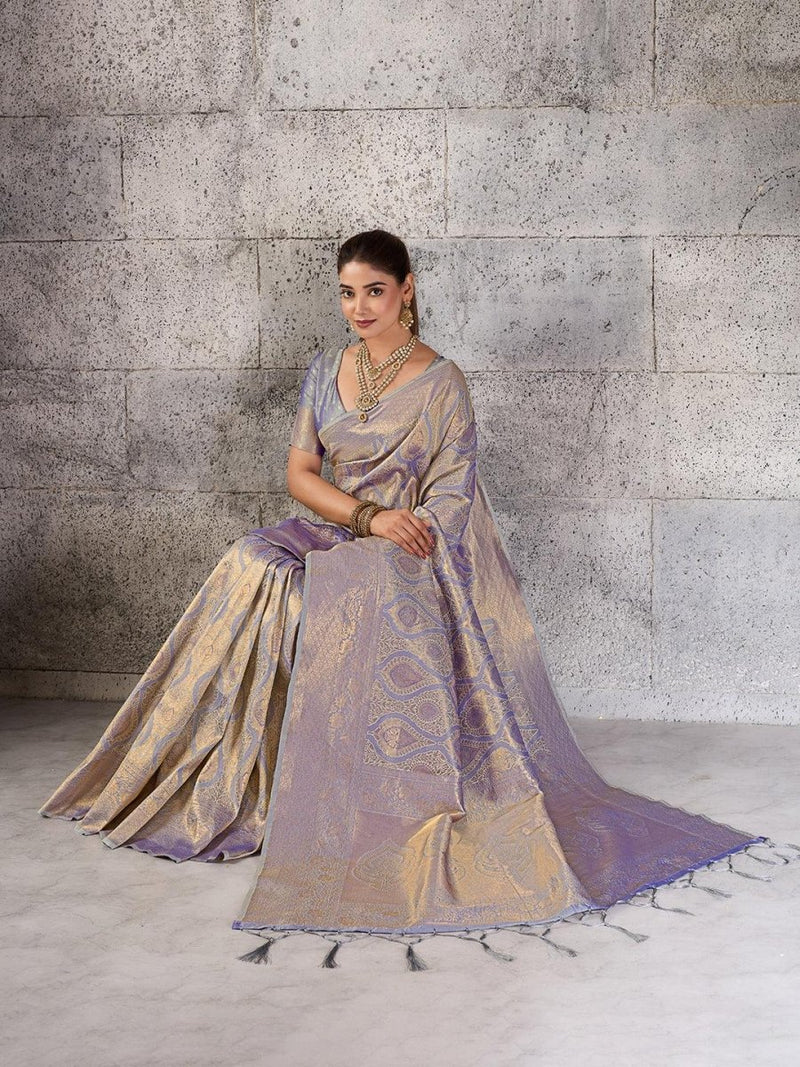 Grey Kanjivaram Silk Blend Brocade Saree | EZB SI04 SUPRS1005 - EZBER