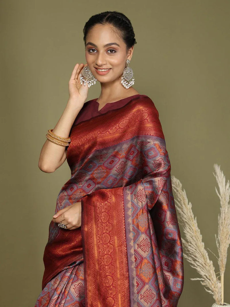 Grey Lichi Silk Saree With Blouse Piece - EZBER