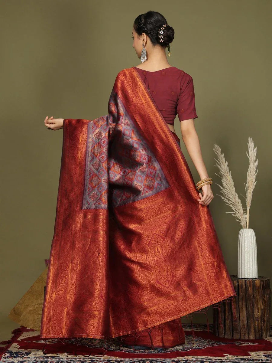 Grey Lichi Silk Saree With Blouse Piece - EZBER