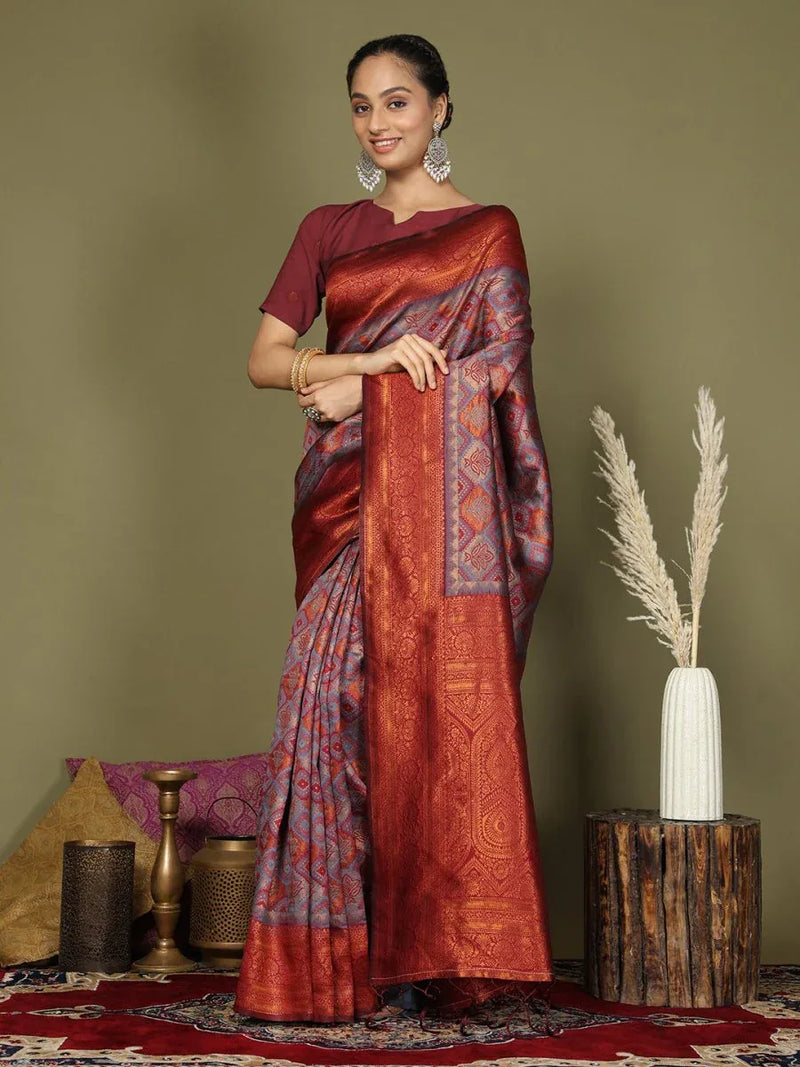 Grey Lichi Silk Saree With Blouse Piece - EZBER
