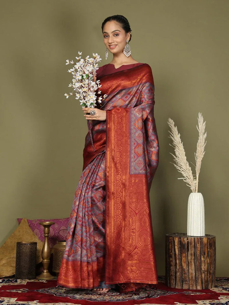 Grey Lichi Silk Saree With Blouse Piece - EZBER