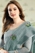 Grey Linen Blend Cotton Saree With Blouse Piece - EZBER