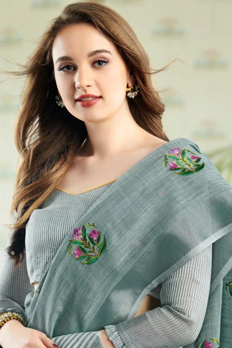 Grey Linen Blend Cotton Saree With Blouse Piece - EZBER