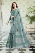 Grey Linen Blend Cotton Saree With Blouse Piece - EZBER
