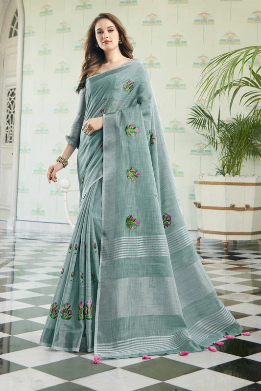 Grey Linen Blend Cotton Saree With Blouse Piece - EZBER