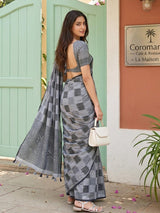 Grey Linen Cotton Handloom Saree | EZB SI04 SUVAN1003