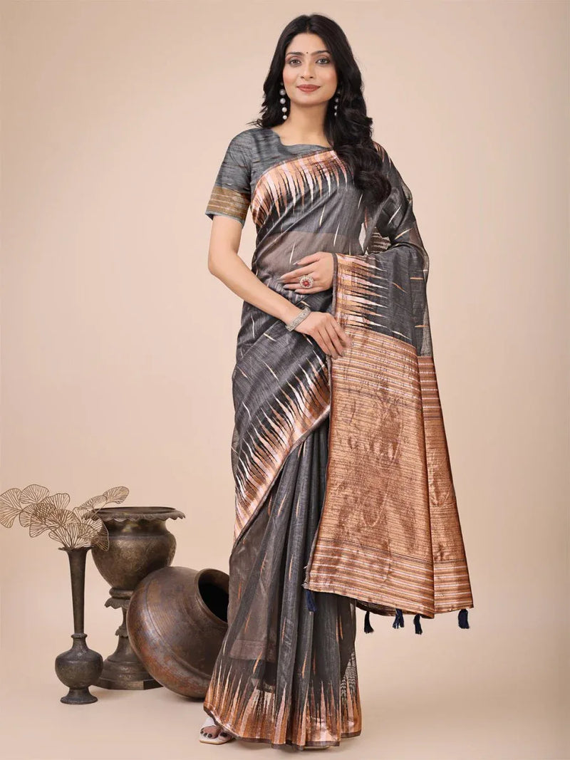 Grey Linen Cotton Saree With Blouse Piece - EZBER