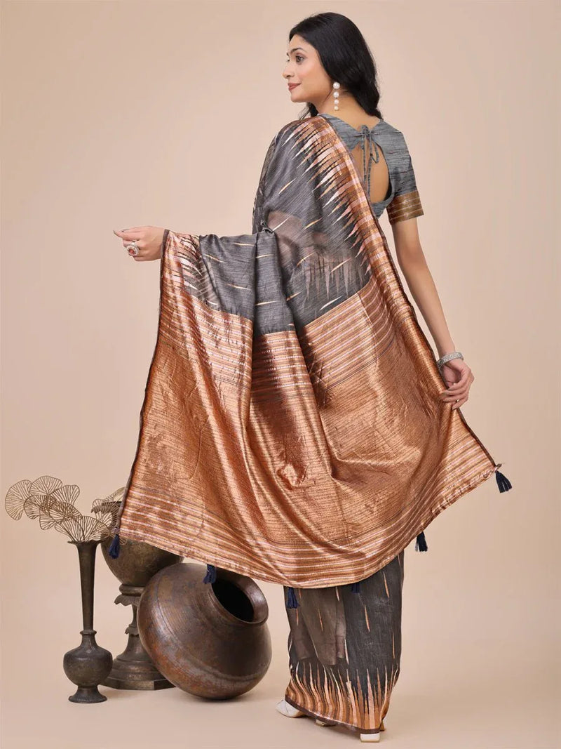 Grey Linen Cotton Saree With Blouse Piece - EZBER