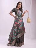 Grey Linen Cotton Saree With Blouse Piece - EZBER