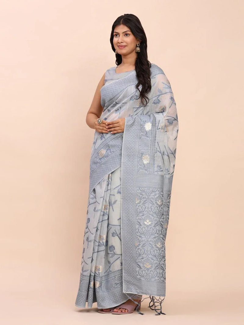 Grey Linen Cotton Saree With Blouse Piece - EZBER