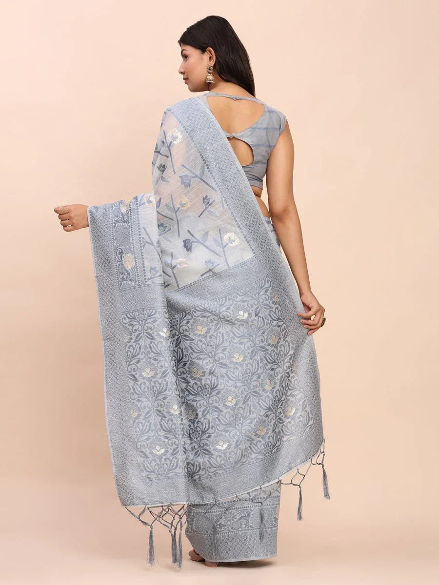 Grey Linen Cotton Saree With Blouse Piece - EZBER
