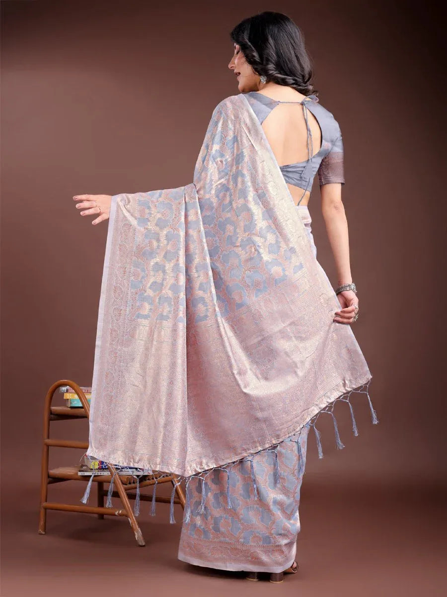 Grey Linen Cotton Saree With Blouse Piece - EZBER