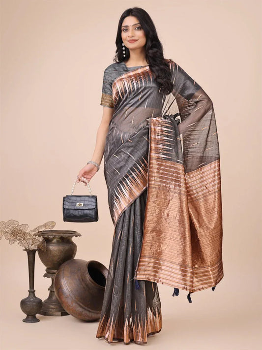 Grey Linen Cotton Saree With Blouse Piece - EZBER