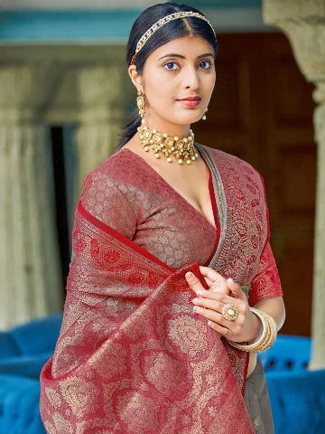 Grey Linen Cotton Saree With Blouse Piece - EZBER