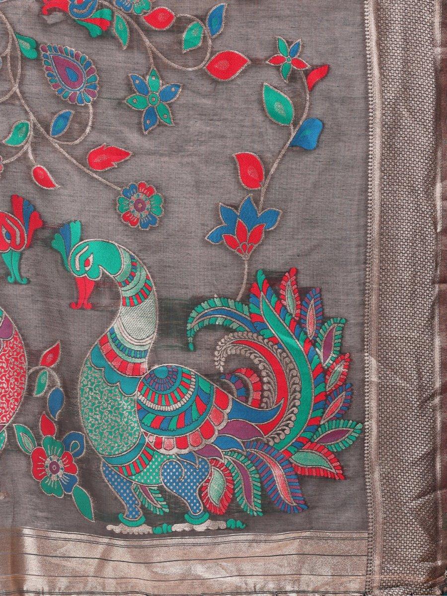 Grey Linen Cotton Saree With Blouse Piece - EZBER