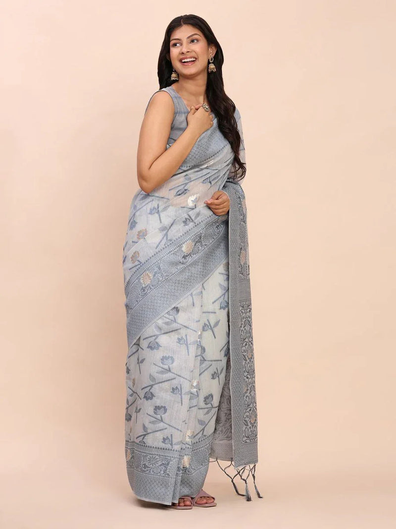 Grey Linen Cotton Saree With Blouse Piece - EZBER