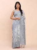 Grey Linen Cotton Saree With Blouse Piece - EZBER