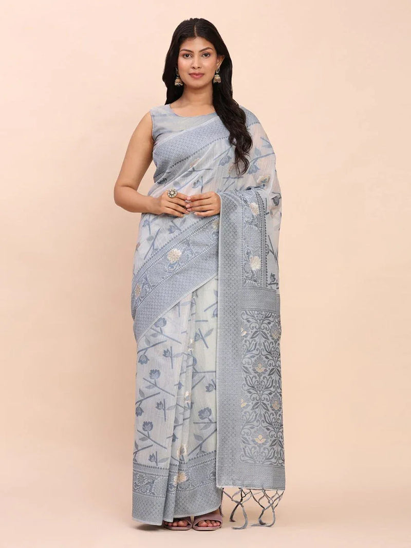 Grey Linen Cotton Saree With Blouse Piece - EZBER