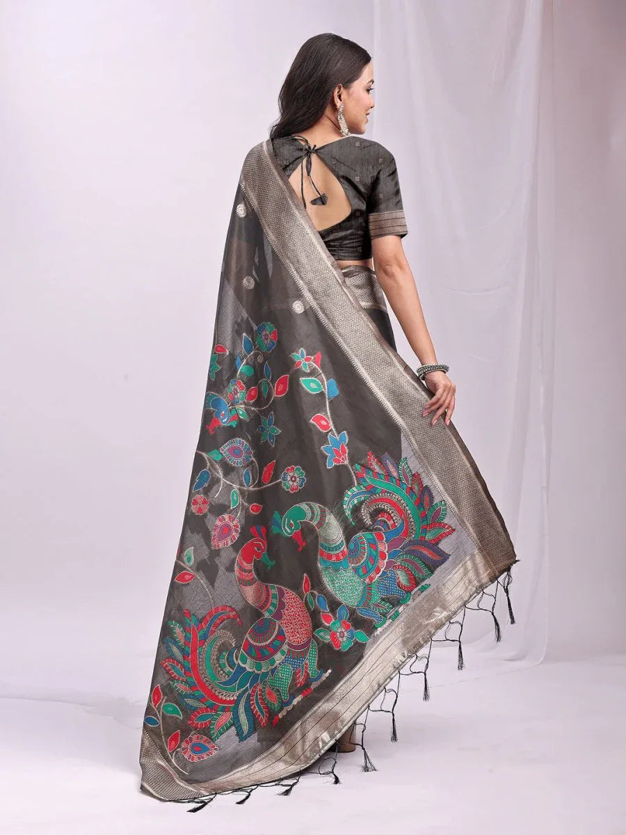 Grey Linen Cotton Saree With Blouse Piece - EZBER