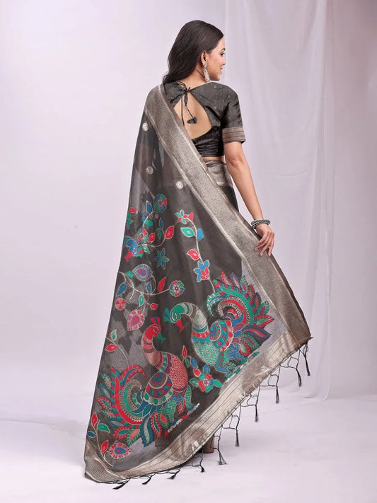 Grey Linen Cotton Saree With Blouse Piece - EZBER