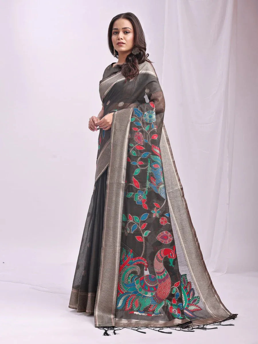 Grey Linen Cotton Saree With Blouse Piece - EZBER