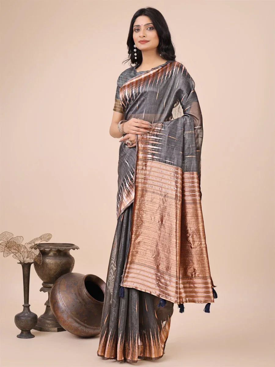 Grey Linen Cotton Saree With Blouse Piece - EZBER