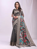 Grey Linen Cotton Saree With Blouse Piece - EZBER