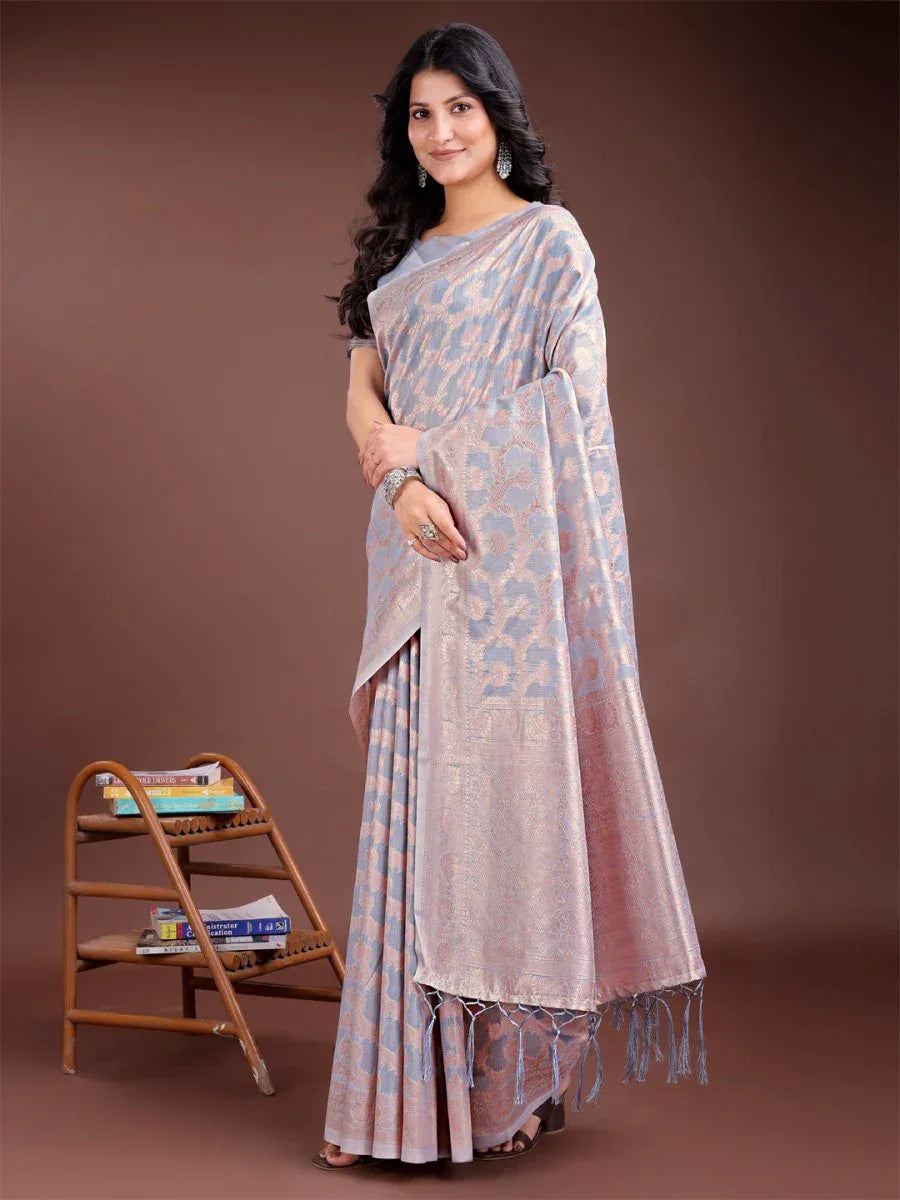 Grey Linen Cotton Saree With Blouse Piece - EZBER