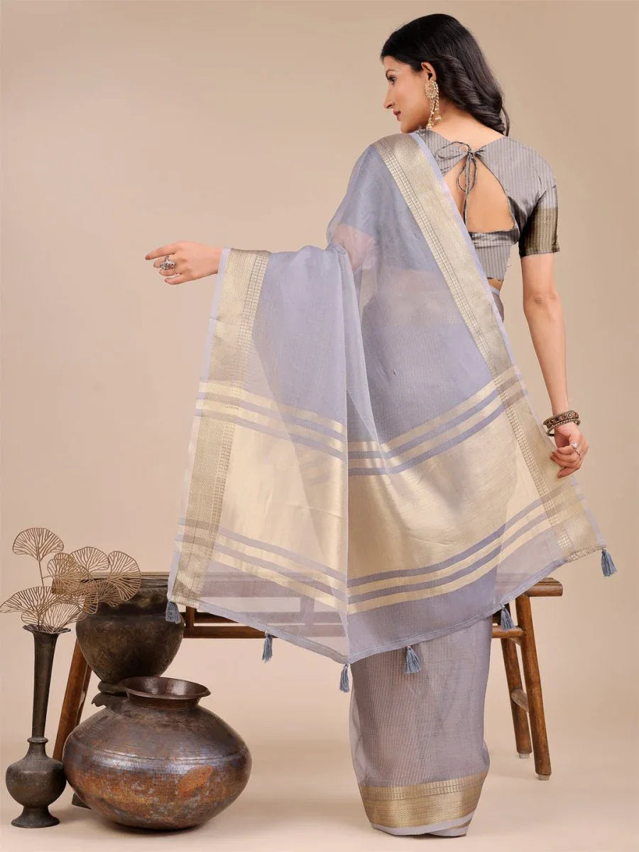 Grey Organza Saree With Blouse Piece - EZBER