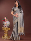 Grey Organza Saree With Blouse Piece - EZBER