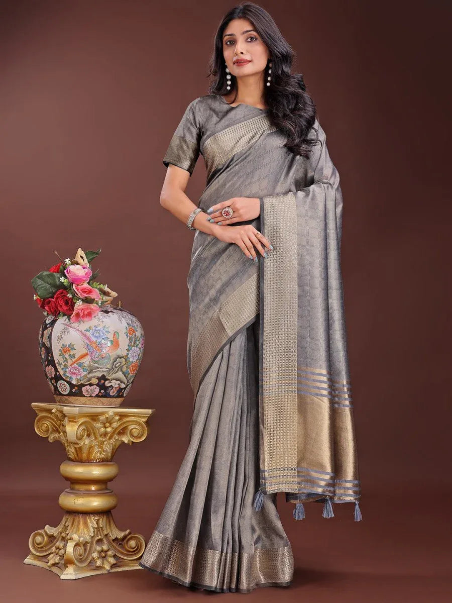 Grey Organza Saree With Blouse Piece - EZBER